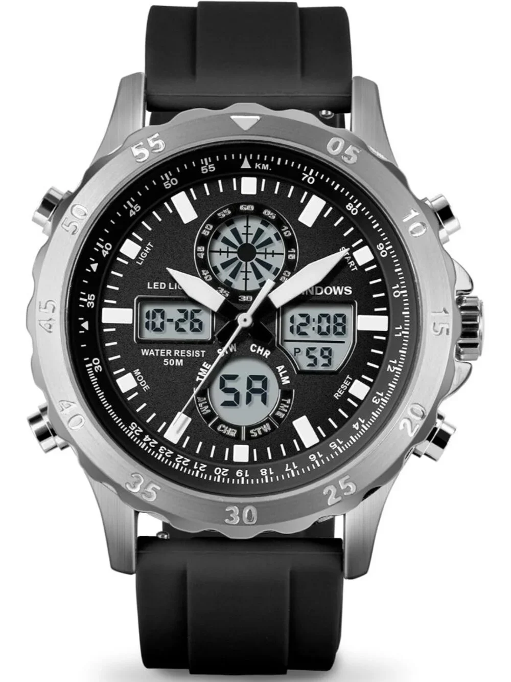 Men's Heavy Duty Black/Silvery Digital Analog Multifunction Casual Wrist Watch